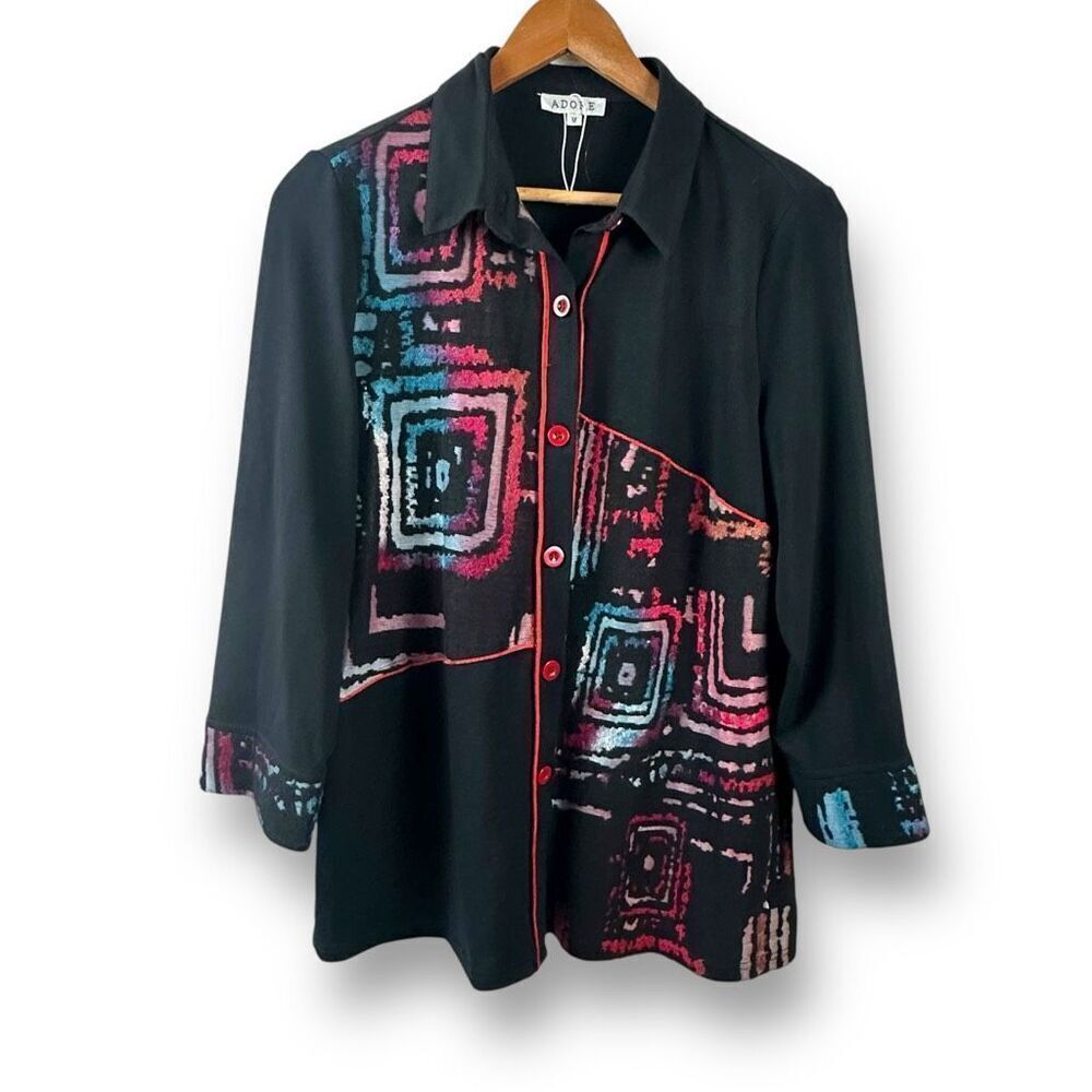 Adore Size M Ombre Swirl Shirt Jacket Black Multicolor Artsy Rainbow‎ Funky Twee